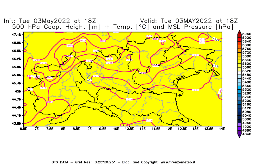 Mappa di analisi GFS - Geopotenziale [m] + Temp. [°C] a 500 hPa + Press. a livello del mare [hPa] in Nord-Italia
									del 03/05/2022 18 <!--googleoff: index-->UTC<!--googleon: index-->