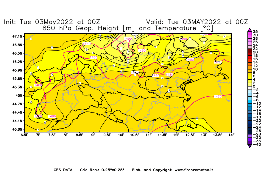 Mappa di analisi GFS - Geopotenziale [m] e Temperatura [°C] a 850 hPa in Nord-Italia
									del 03/05/2022 00 <!--googleoff: index-->UTC<!--googleon: index-->
