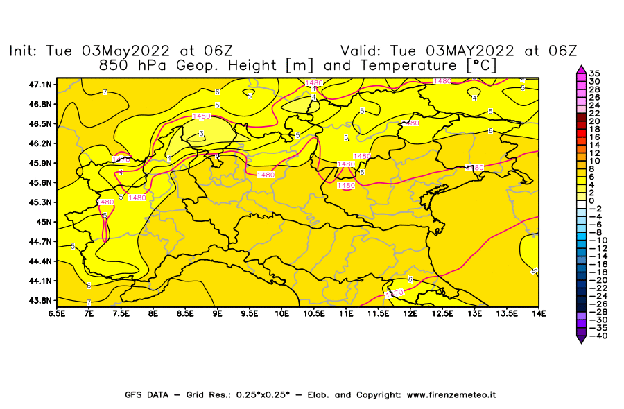 Mappa di analisi GFS - Geopotenziale [m] e Temperatura [°C] a 850 hPa in Nord-Italia
									del 03/05/2022 06 <!--googleoff: index-->UTC<!--googleon: index-->