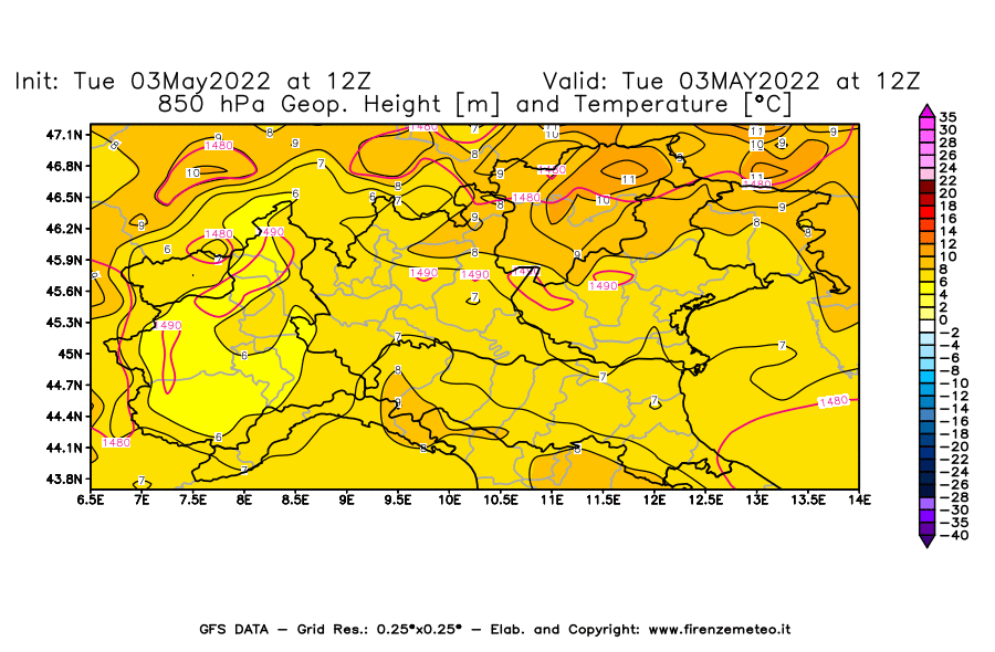 Mappa di analisi GFS - Geopotenziale [m] e Temperatura [°C] a 850 hPa in Nord-Italia
									del 03/05/2022 12 <!--googleoff: index-->UTC<!--googleon: index-->