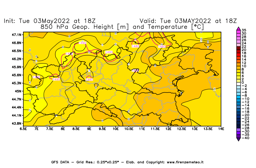 Mappa di analisi GFS - Geopotenziale [m] e Temperatura [°C] a 850 hPa in Nord-Italia
									del 03/05/2022 18 <!--googleoff: index-->UTC<!--googleon: index-->