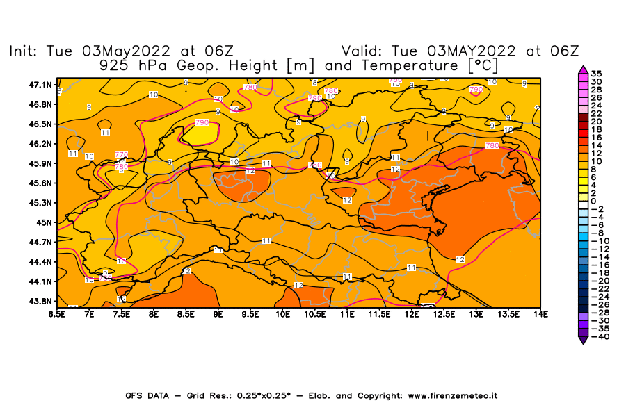 Mappa di analisi GFS - Geopotenziale [m] e Temperatura [°C] a 925 hPa in Nord-Italia
									del 03/05/2022 06 <!--googleoff: index-->UTC<!--googleon: index-->