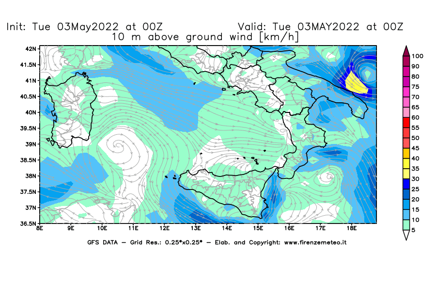 Mappa di analisi GFS - Velocità del vento a 10 metri dal suolo [km/h] in Sud-Italia
									del 03/05/2022 00 <!--googleoff: index-->UTC<!--googleon: index-->