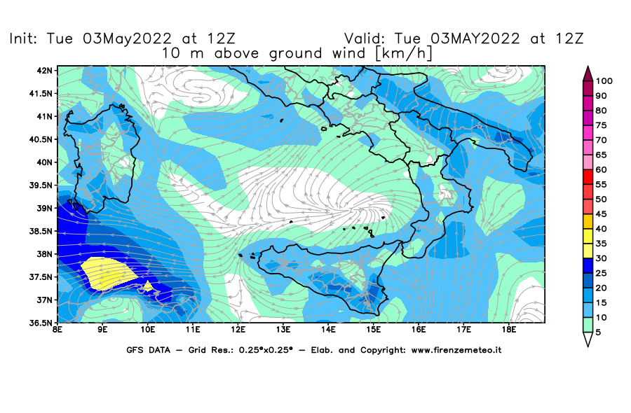 Mappa di analisi GFS - Velocità del vento a 10 metri dal suolo [km/h] in Sud-Italia
									del 03/05/2022 12 <!--googleoff: index-->UTC<!--googleon: index-->