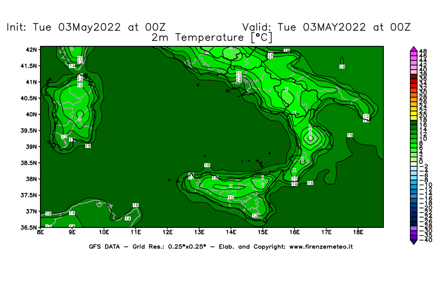 Mappa di analisi GFS - Temperatura a 2 metri dal suolo [°C] in Sud-Italia
									del 03/05/2022 00 <!--googleoff: index-->UTC<!--googleon: index-->