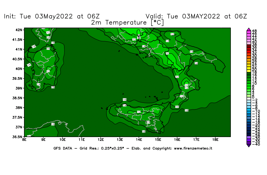 Mappa di analisi GFS - Temperatura a 2 metri dal suolo [°C] in Sud-Italia
									del 03/05/2022 06 <!--googleoff: index-->UTC<!--googleon: index-->