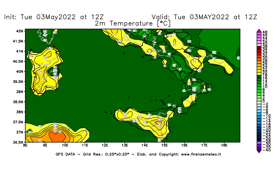 Mappa di analisi GFS - Temperatura a 2 metri dal suolo [°C] in Sud-Italia
									del 03/05/2022 12 <!--googleoff: index-->UTC<!--googleon: index-->