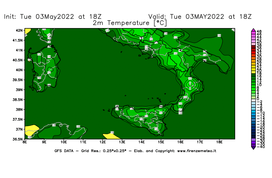 Mappa di analisi GFS - Temperatura a 2 metri dal suolo [°C] in Sud-Italia
									del 03/05/2022 18 <!--googleoff: index-->UTC<!--googleon: index-->