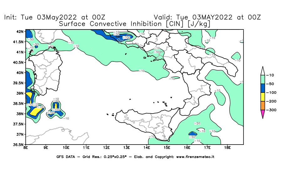 Mappa di analisi GFS - CIN [J/kg] in Sud-Italia
									del 03/05/2022 00 <!--googleoff: index-->UTC<!--googleon: index-->