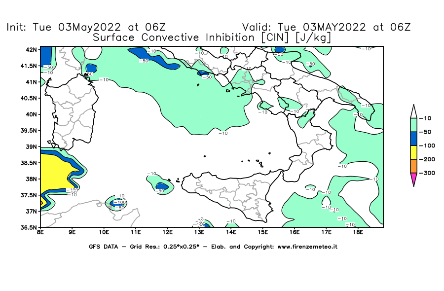 Mappa di analisi GFS - CIN [J/kg] in Sud-Italia
									del 03/05/2022 06 <!--googleoff: index-->UTC<!--googleon: index-->