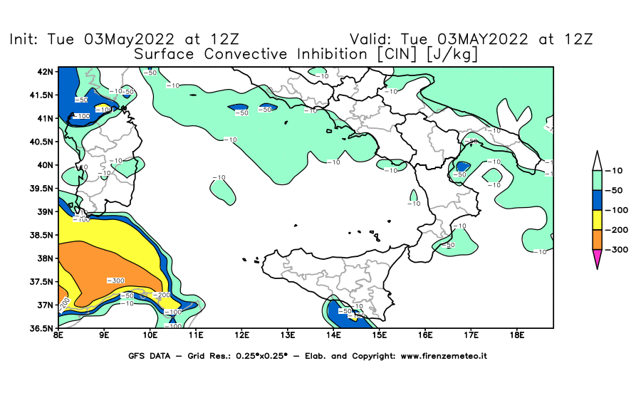 Mappa di analisi GFS - CIN [J/kg] in Sud-Italia
									del 03/05/2022 12 <!--googleoff: index-->UTC<!--googleon: index-->