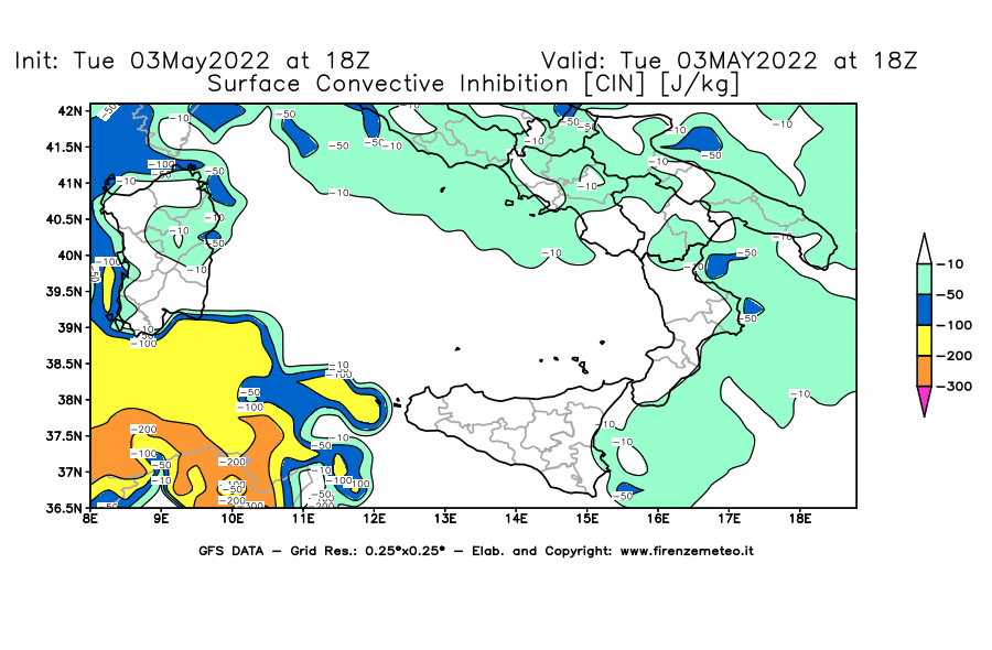 Mappa di analisi GFS - CIN [J/kg] in Sud-Italia
									del 03/05/2022 18 <!--googleoff: index-->UTC<!--googleon: index-->