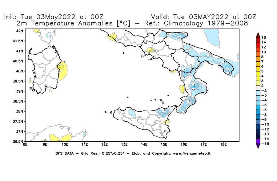 Mappa di analisi GFS - Anomalia Temperatura [°C] a 2 m in Sud-Italia
									del 03/05/2022 00 <!--googleoff: index-->UTC<!--googleon: index-->