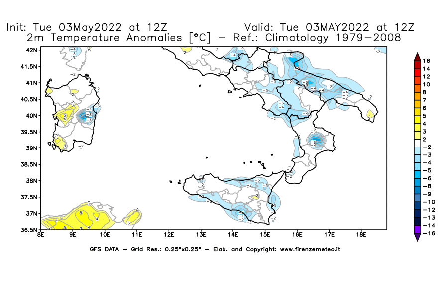 Mappa di analisi GFS - Anomalia Temperatura [°C] a 2 m in Sud-Italia
									del 03/05/2022 12 <!--googleoff: index-->UTC<!--googleon: index-->