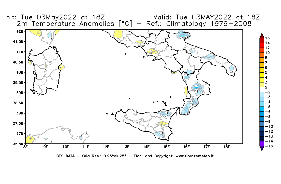 Mappa di analisi GFS - Anomalia Temperatura [°C] a 2 m in Sud-Italia
									del 03/05/2022 18 <!--googleoff: index-->UTC<!--googleon: index-->