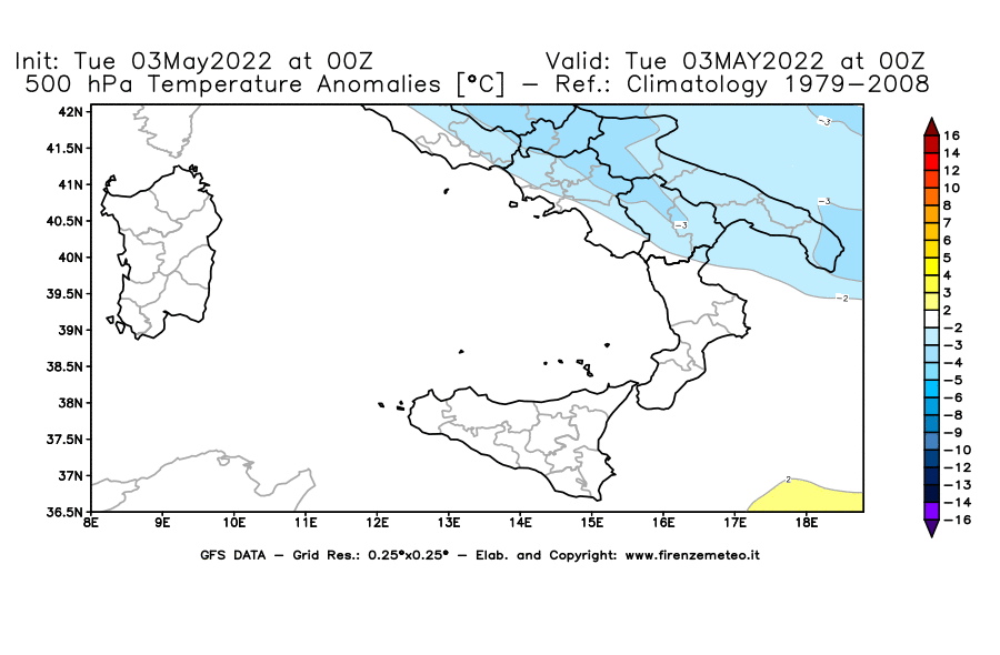 Mappa di analisi GFS - Anomalia Temperatura [°C] a 500 hPa in Sud-Italia
									del 03/05/2022 00 <!--googleoff: index-->UTC<!--googleon: index-->