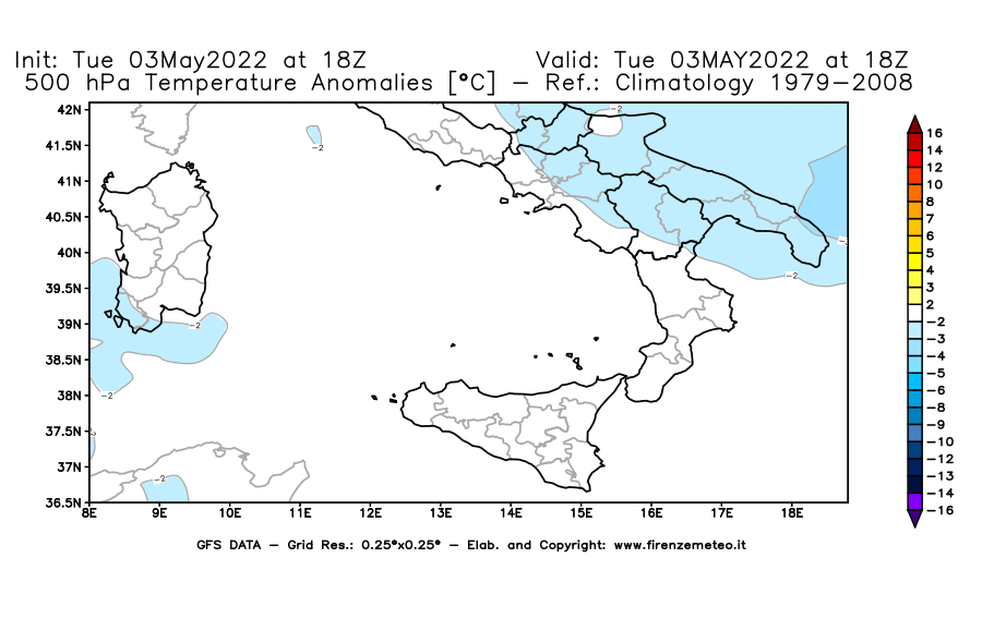 Mappa di analisi GFS - Anomalia Temperatura [°C] a 500 hPa in Sud-Italia
									del 03/05/2022 18 <!--googleoff: index-->UTC<!--googleon: index-->