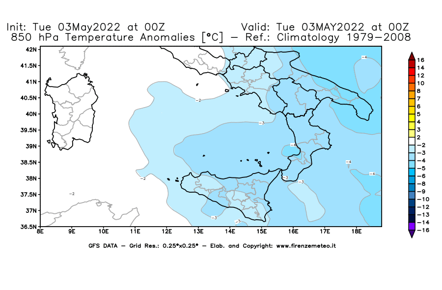 Mappa di analisi GFS - Anomalia Temperatura [°C] a 850 hPa in Sud-Italia
									del 03/05/2022 00 <!--googleoff: index-->UTC<!--googleon: index-->