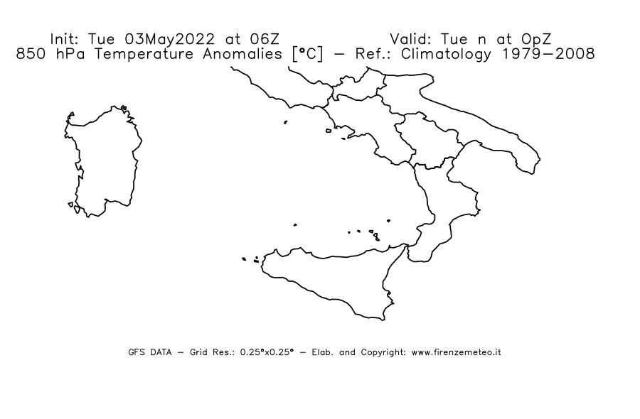 Mappa di analisi GFS - Anomalia Temperatura [°C] a 850 hPa in Sud-Italia
									del 03/05/2022 06 <!--googleoff: index-->UTC<!--googleon: index-->