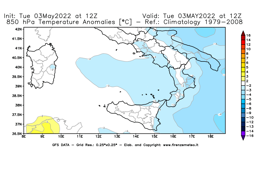 Mappa di analisi GFS - Anomalia Temperatura [°C] a 850 hPa in Sud-Italia
									del 03/05/2022 12 <!--googleoff: index-->UTC<!--googleon: index-->
