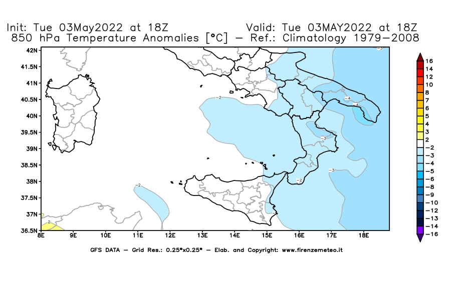 Mappa di analisi GFS - Anomalia Temperatura [°C] a 850 hPa in Sud-Italia
									del 03/05/2022 18 <!--googleoff: index-->UTC<!--googleon: index-->