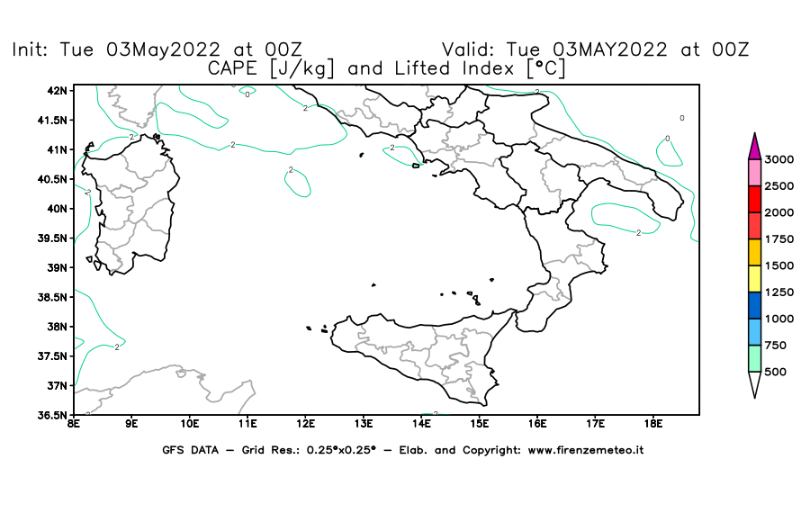 Mappa di analisi GFS - CAPE [J/kg] e Lifted Index [°C] in Sud-Italia
									del 03/05/2022 00 <!--googleoff: index-->UTC<!--googleon: index-->