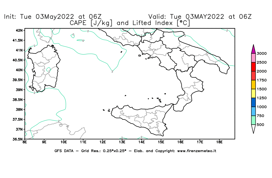 Mappa di analisi GFS - CAPE [J/kg] e Lifted Index [°C] in Sud-Italia
									del 03/05/2022 06 <!--googleoff: index-->UTC<!--googleon: index-->