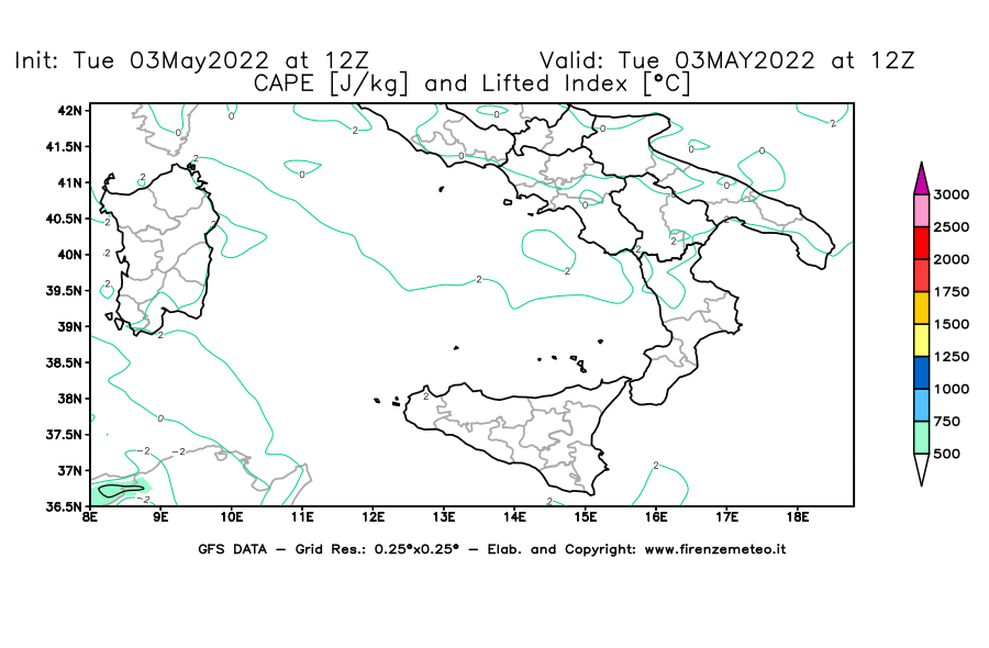 Mappa di analisi GFS - CAPE [J/kg] e Lifted Index [°C] in Sud-Italia
									del 03/05/2022 12 <!--googleoff: index-->UTC<!--googleon: index-->
