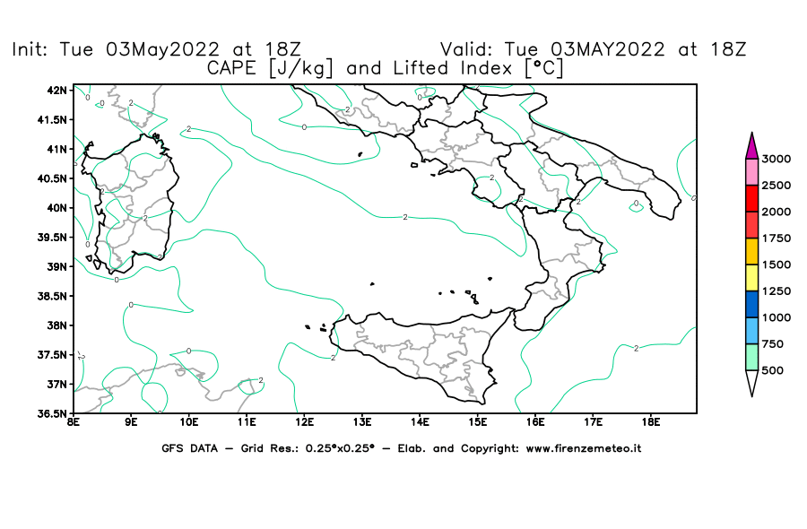 Mappa di analisi GFS - CAPE [J/kg] e Lifted Index [°C] in Sud-Italia
									del 03/05/2022 18 <!--googleoff: index-->UTC<!--googleon: index-->