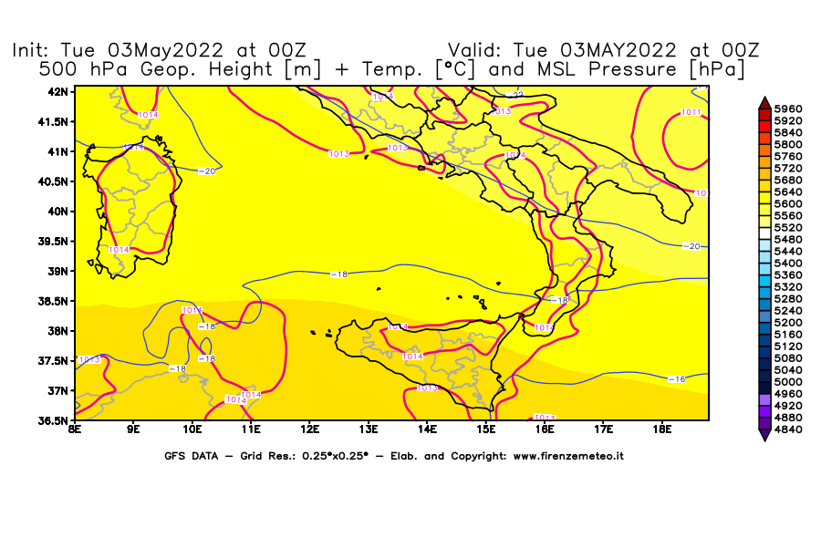 Mappa di analisi GFS - Geopotenziale [m] + Temp. [°C] a 500 hPa + Press. a livello del mare [hPa] in Sud-Italia
									del 03/05/2022 00 <!--googleoff: index-->UTC<!--googleon: index-->