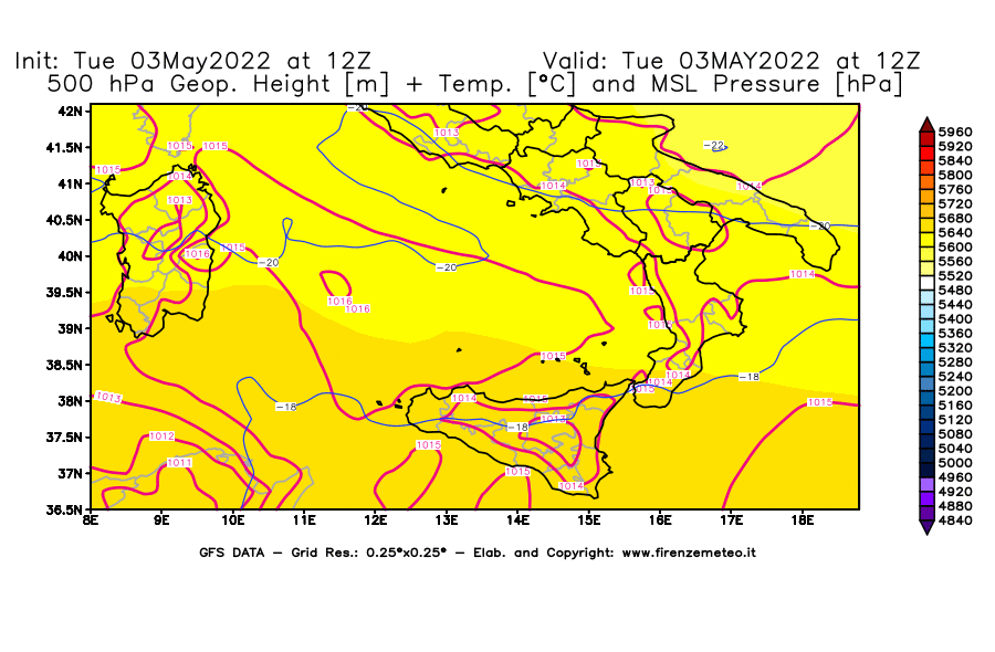 Mappa di analisi GFS - Geopotenziale [m] + Temp. [°C] a 500 hPa + Press. a livello del mare [hPa] in Sud-Italia
									del 03/05/2022 12 <!--googleoff: index-->UTC<!--googleon: index-->