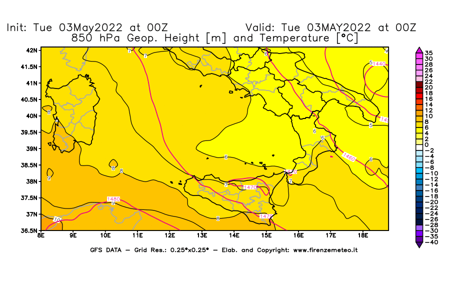Mappa di analisi GFS - Geopotenziale [m] e Temperatura [°C] a 850 hPa in Sud-Italia
									del 03/05/2022 00 <!--googleoff: index-->UTC<!--googleon: index-->