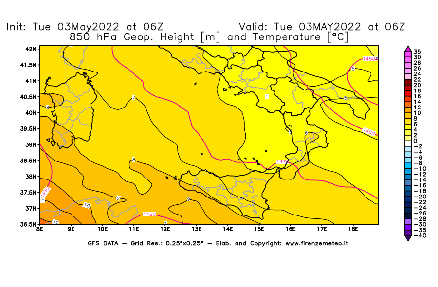 Mappa di analisi GFS - Geopotenziale [m] e Temperatura [°C] a 850 hPa in Sud-Italia
									del 03/05/2022 06 <!--googleoff: index-->UTC<!--googleon: index-->