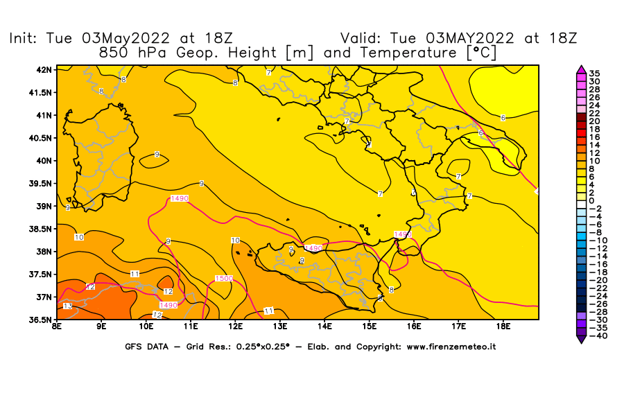 Mappa di analisi GFS - Geopotenziale [m] e Temperatura [°C] a 850 hPa in Sud-Italia
									del 03/05/2022 18 <!--googleoff: index-->UTC<!--googleon: index-->