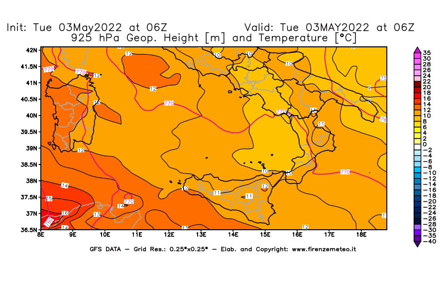 Mappa di analisi GFS - Geopotenziale [m] e Temperatura [°C] a 925 hPa in Sud-Italia
									del 03/05/2022 06 <!--googleoff: index-->UTC<!--googleon: index-->