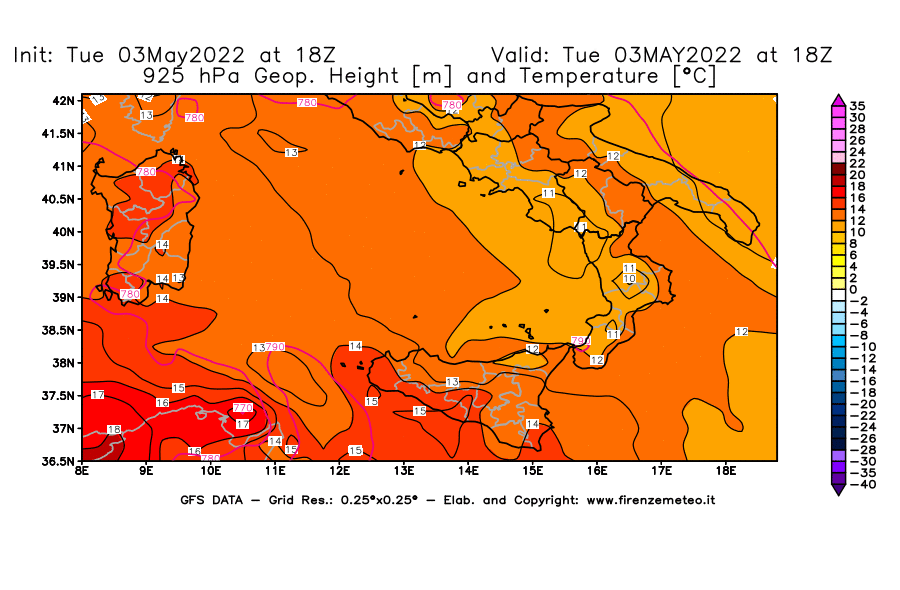 Mappa di analisi GFS - Geopotenziale [m] e Temperatura [°C] a 925 hPa in Sud-Italia
									del 03/05/2022 18 <!--googleoff: index-->UTC<!--googleon: index-->