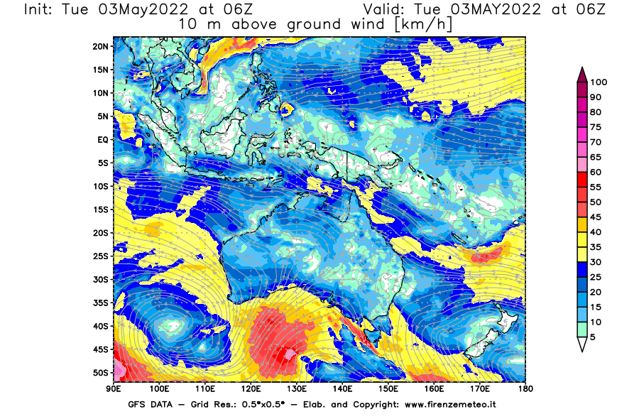 Mappa di analisi GFS - Velocità del vento a 10 metri dal suolo [km/h] in Oceania
									del 03/05/2022 06 <!--googleoff: index-->UTC<!--googleon: index-->