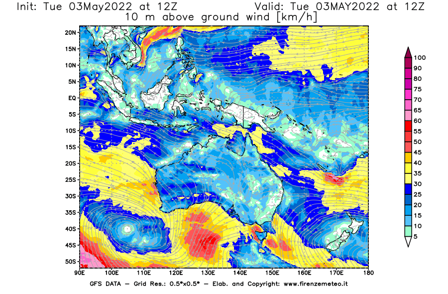 Mappa di analisi GFS - Velocità del vento a 10 metri dal suolo [km/h] in Oceania
									del 03/05/2022 12 <!--googleoff: index-->UTC<!--googleon: index-->