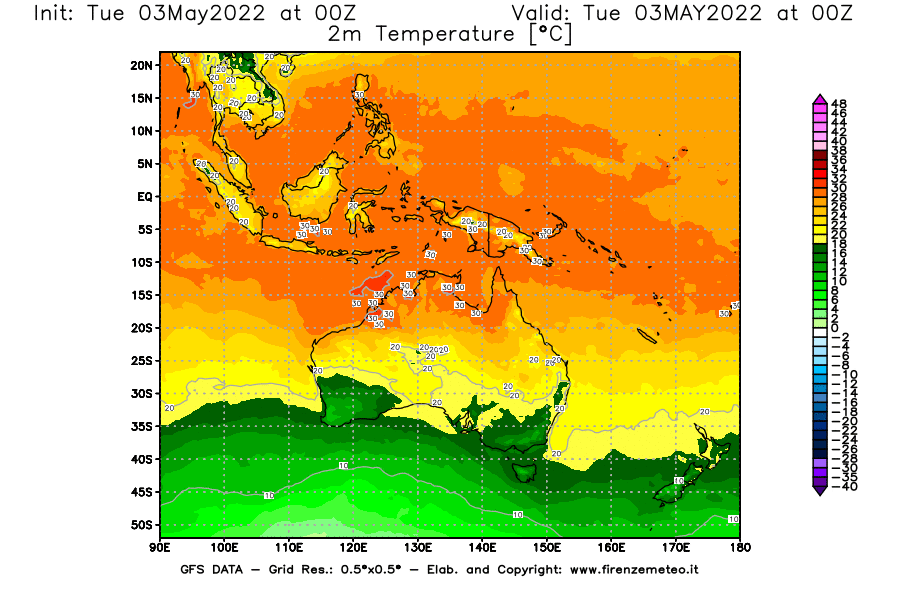 Mappa di analisi GFS - Temperatura a 2 metri dal suolo [°C] in Oceania
									del 03/05/2022 00 <!--googleoff: index-->UTC<!--googleon: index-->