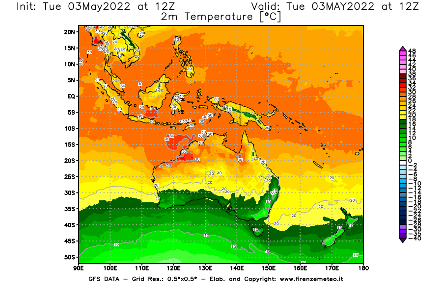 Mappa di analisi GFS - Temperatura a 2 metri dal suolo [°C] in Oceania
									del 03/05/2022 12 <!--googleoff: index-->UTC<!--googleon: index-->