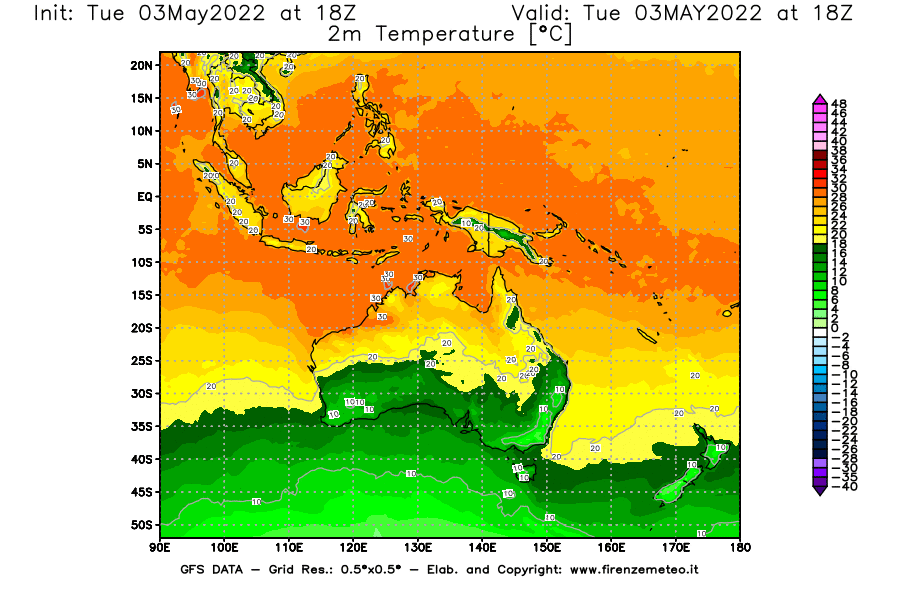 Mappa di analisi GFS - Temperatura a 2 metri dal suolo [°C] in Oceania
									del 03/05/2022 18 <!--googleoff: index-->UTC<!--googleon: index-->