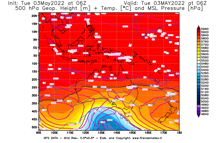 Mappa di analisi GFS - Geopotenziale [m] + Temp. [°C] a 500 hPa + Press. a livello del mare [hPa] in Oceania
									del 03/05/2022 06 <!--googleoff: index-->UTC<!--googleon: index-->