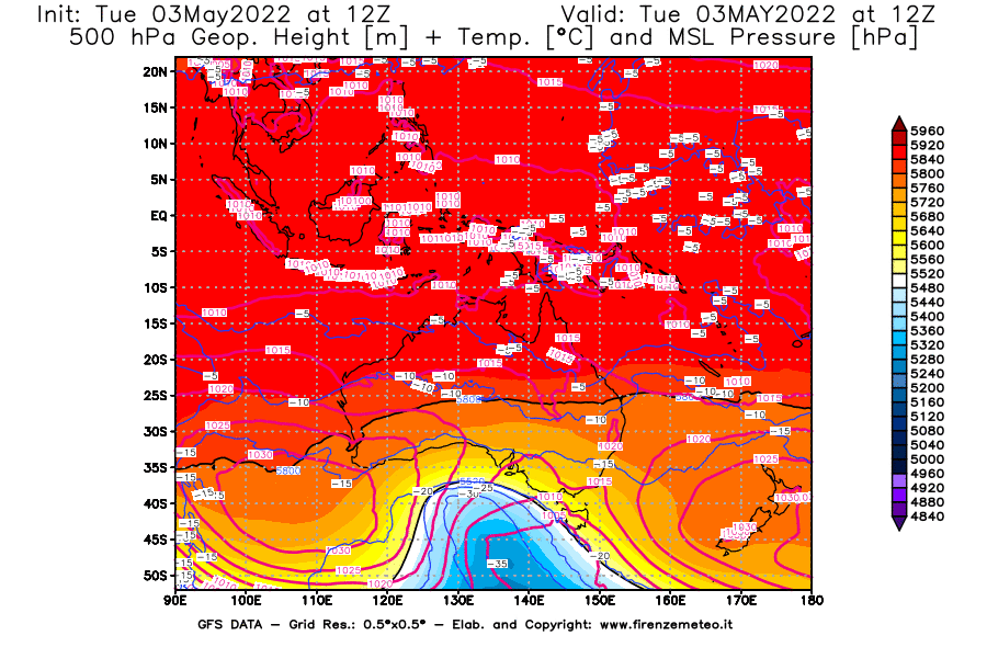 Mappa di analisi GFS - Geopotenziale [m] + Temp. [°C] a 500 hPa + Press. a livello del mare [hPa] in Oceania
									del 03/05/2022 12 <!--googleoff: index-->UTC<!--googleon: index-->