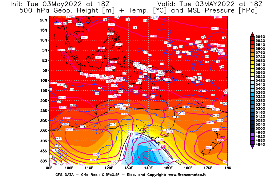 Mappa di analisi GFS - Geopotenziale [m] + Temp. [°C] a 500 hPa + Press. a livello del mare [hPa] in Oceania
									del 03/05/2022 18 <!--googleoff: index-->UTC<!--googleon: index-->