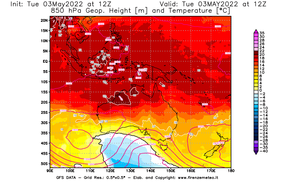 Mappa di analisi GFS - Geopotenziale [m] e Temperatura [°C] a 850 hPa in Oceania
									del 03/05/2022 12 <!--googleoff: index-->UTC<!--googleon: index-->