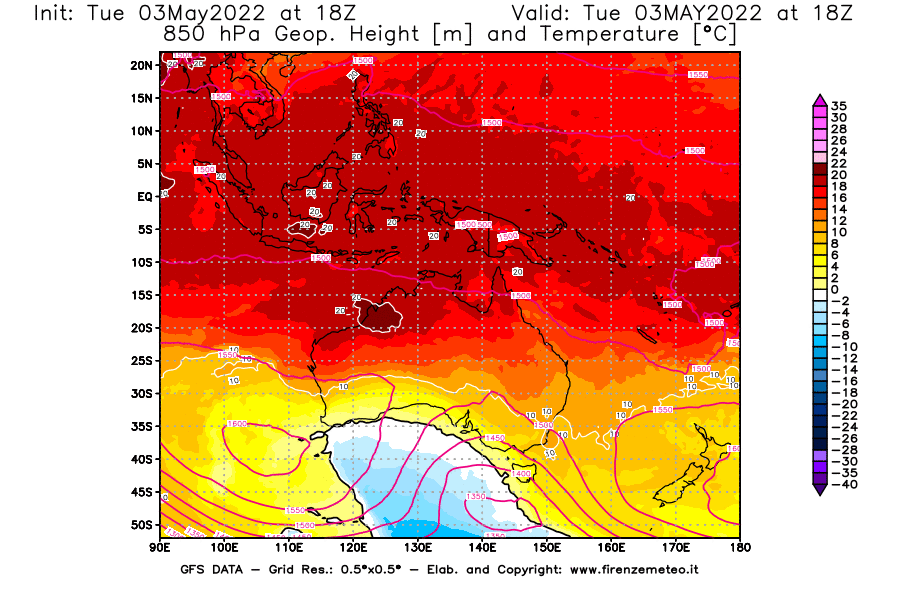 Mappa di analisi GFS - Geopotenziale [m] e Temperatura [°C] a 850 hPa in Oceania
									del 03/05/2022 18 <!--googleoff: index-->UTC<!--googleon: index-->