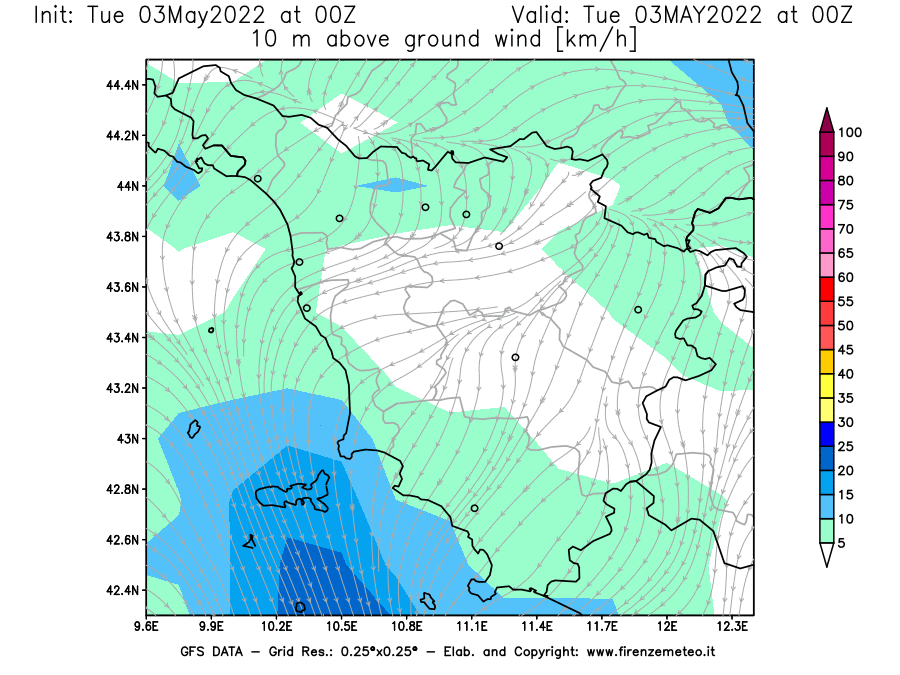 Mappa di analisi GFS - Velocità del vento a 10 metri dal suolo [km/h] in Toscana
									del 03/05/2022 00 <!--googleoff: index-->UTC<!--googleon: index-->