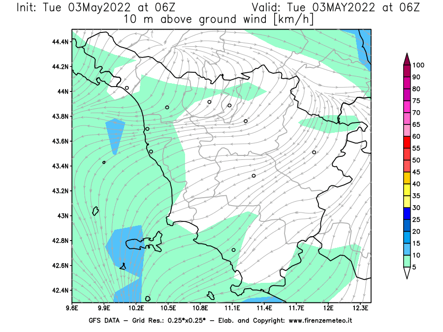 Mappa di analisi GFS - Velocità del vento a 10 metri dal suolo [km/h] in Toscana
									del 03/05/2022 06 <!--googleoff: index-->UTC<!--googleon: index-->