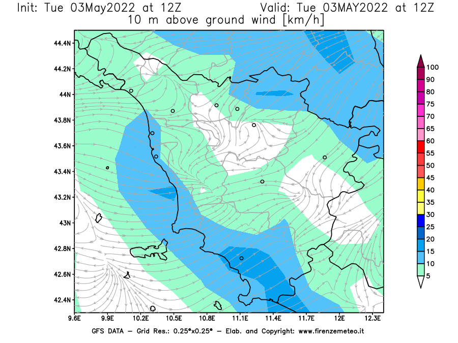 Mappa di analisi GFS - Velocità del vento a 10 metri dal suolo [km/h] in Toscana
									del 03/05/2022 12 <!--googleoff: index-->UTC<!--googleon: index-->