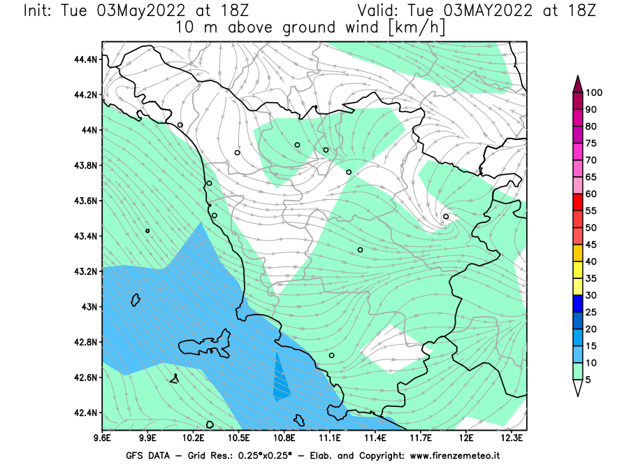 Mappa di analisi GFS - Velocità del vento a 10 metri dal suolo [km/h] in Toscana
									del 03/05/2022 18 <!--googleoff: index-->UTC<!--googleon: index-->